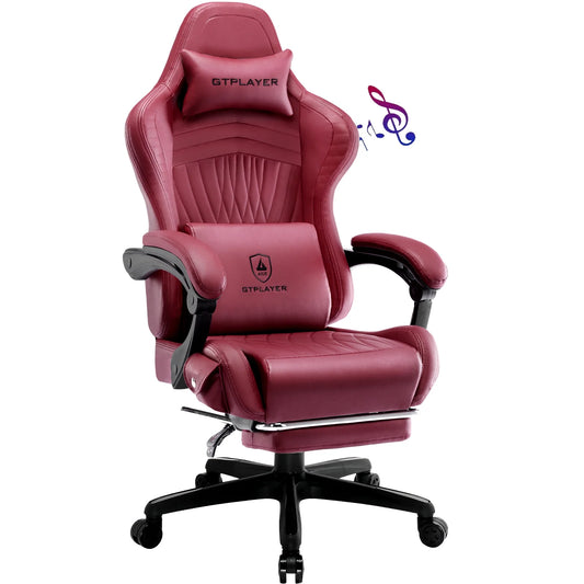 Gtplayer Pro Gaming Chair with Footrest, Dual Bluetooth 5.1 Speakers PVC Leather Recliner, Winered