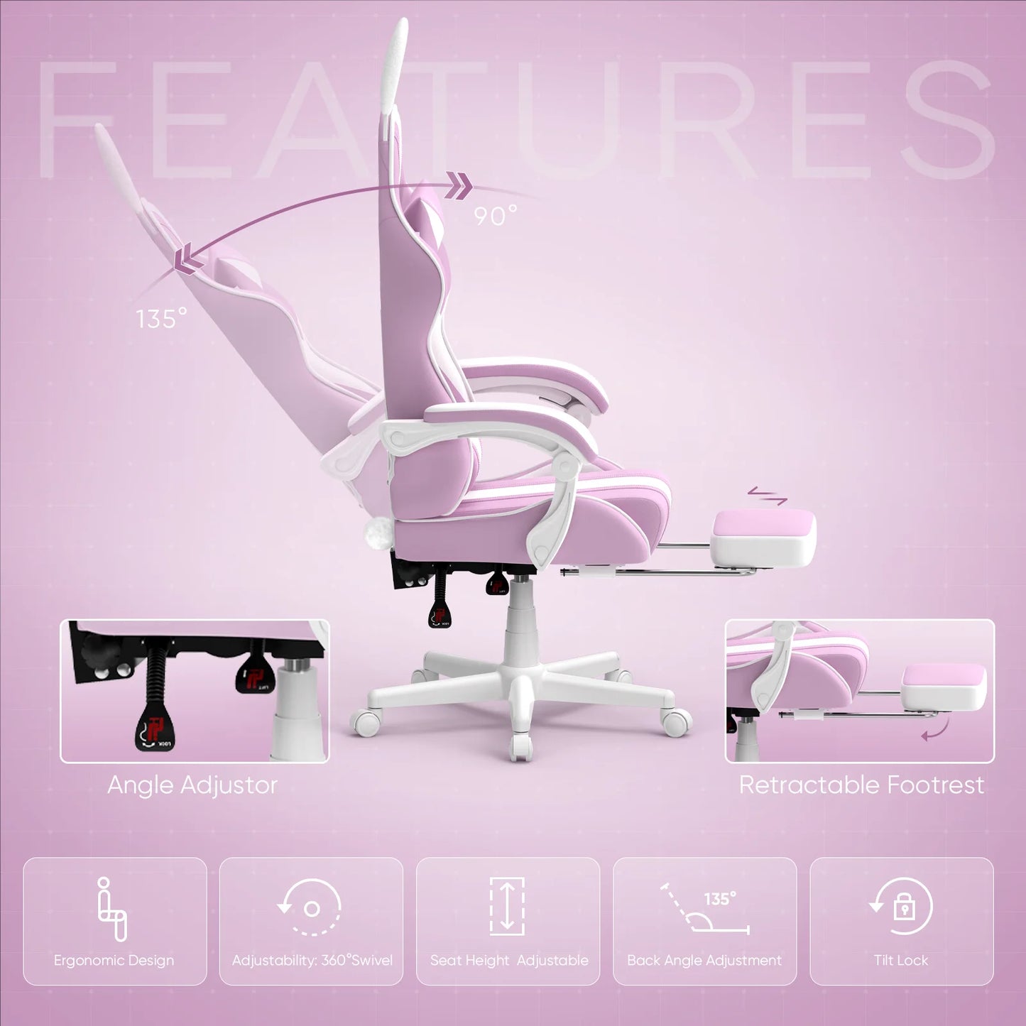 Purple Gaming Chair with Footrest, Ergonomic Game Gamer Chair with Massage Lumbar Pillow & Adjustable Headrest, High Back Office Computer Cute Bunny Ears for Adults S Girls, Light Purple