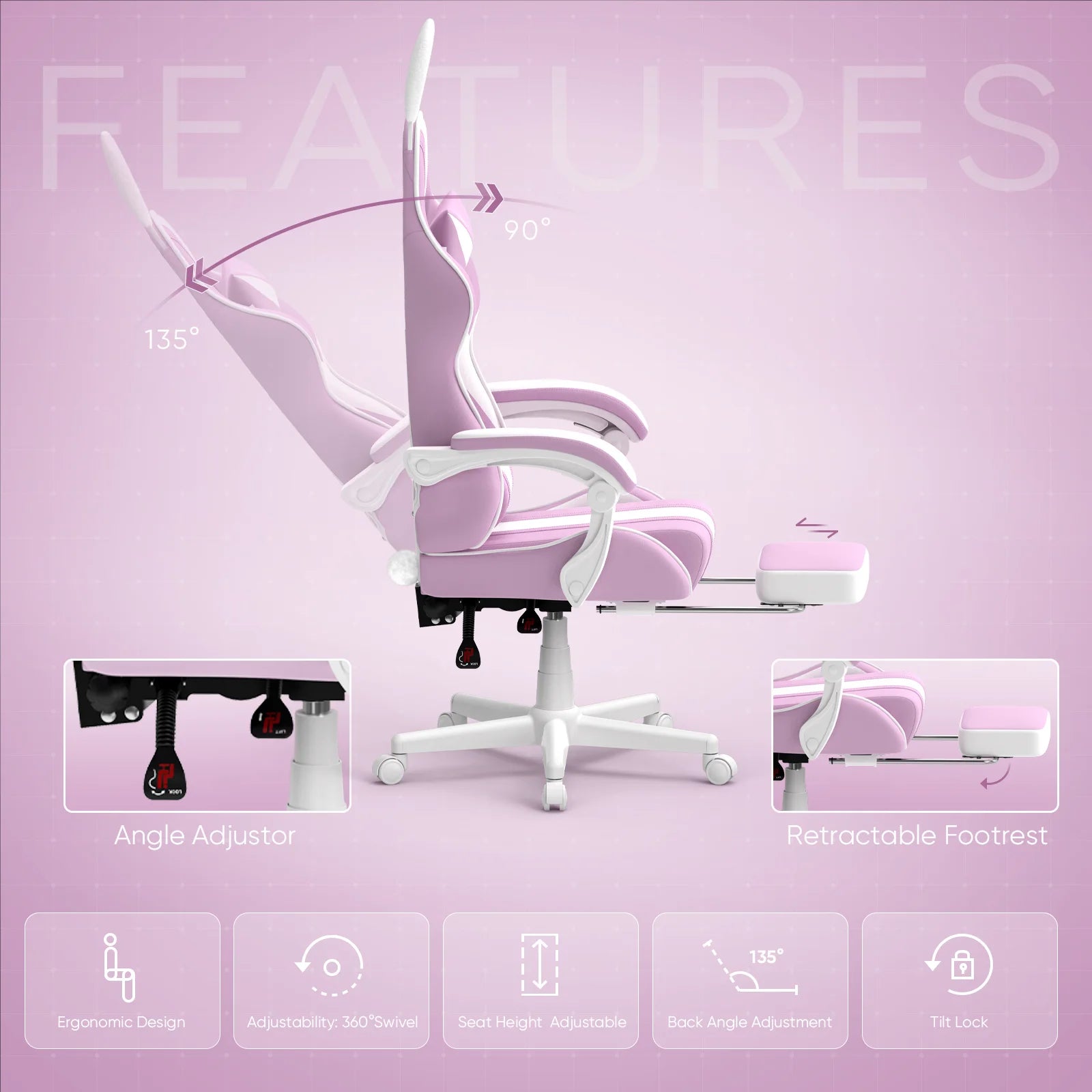 Purple Gaming Chair with Footrest, Ergonomic Game Gamer Chair with Massage Lumbar Pillow & Adjustable Headrest, High Back Office Computer Cute Bunny Ears for Adults S Girls, Light Purple