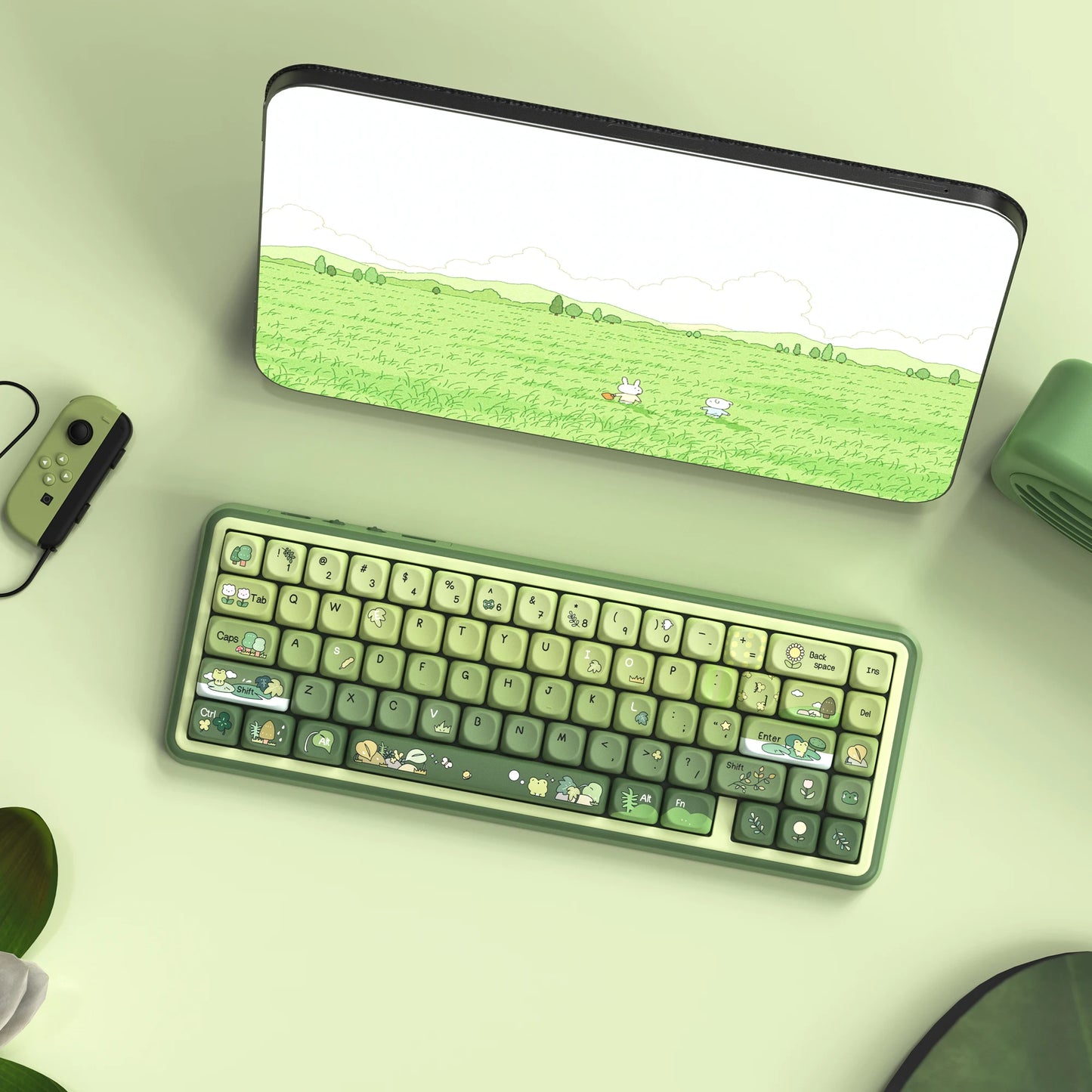 132 Keys Green 5 Sides Dye Sublimation PBT Keycaps Cute MOA Profile Keycaps for Cherry Gateron MX Switches Mechanical Keyboards