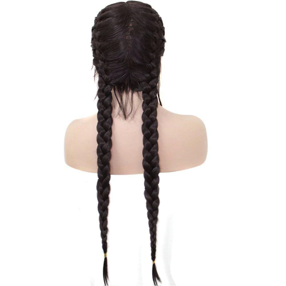 ANOGOL Hair Cap+Long Double Braids 2 Natural Black Synthetic Braided Lace Front Wig with Baby Hair Wigs Heat Resistant Fiber Middle Part