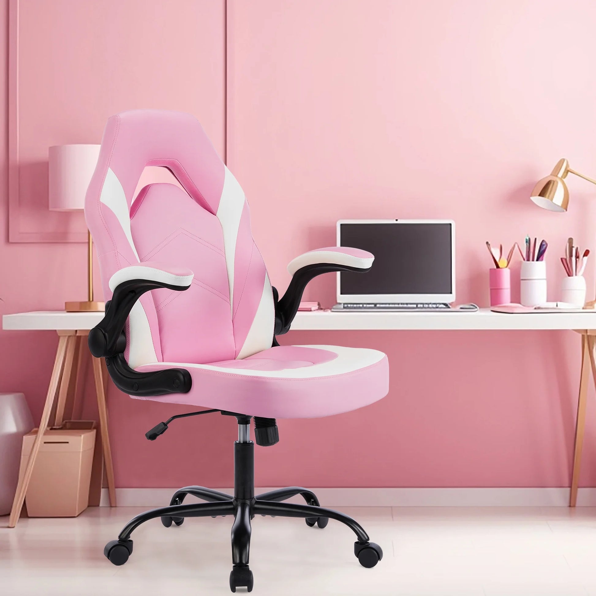 Computer Gaming Desk Chair - Ergonomic Office Executive Adjustable Swivel Task PU Leather Racing Chair with Flip-Up Armrest, Pink White