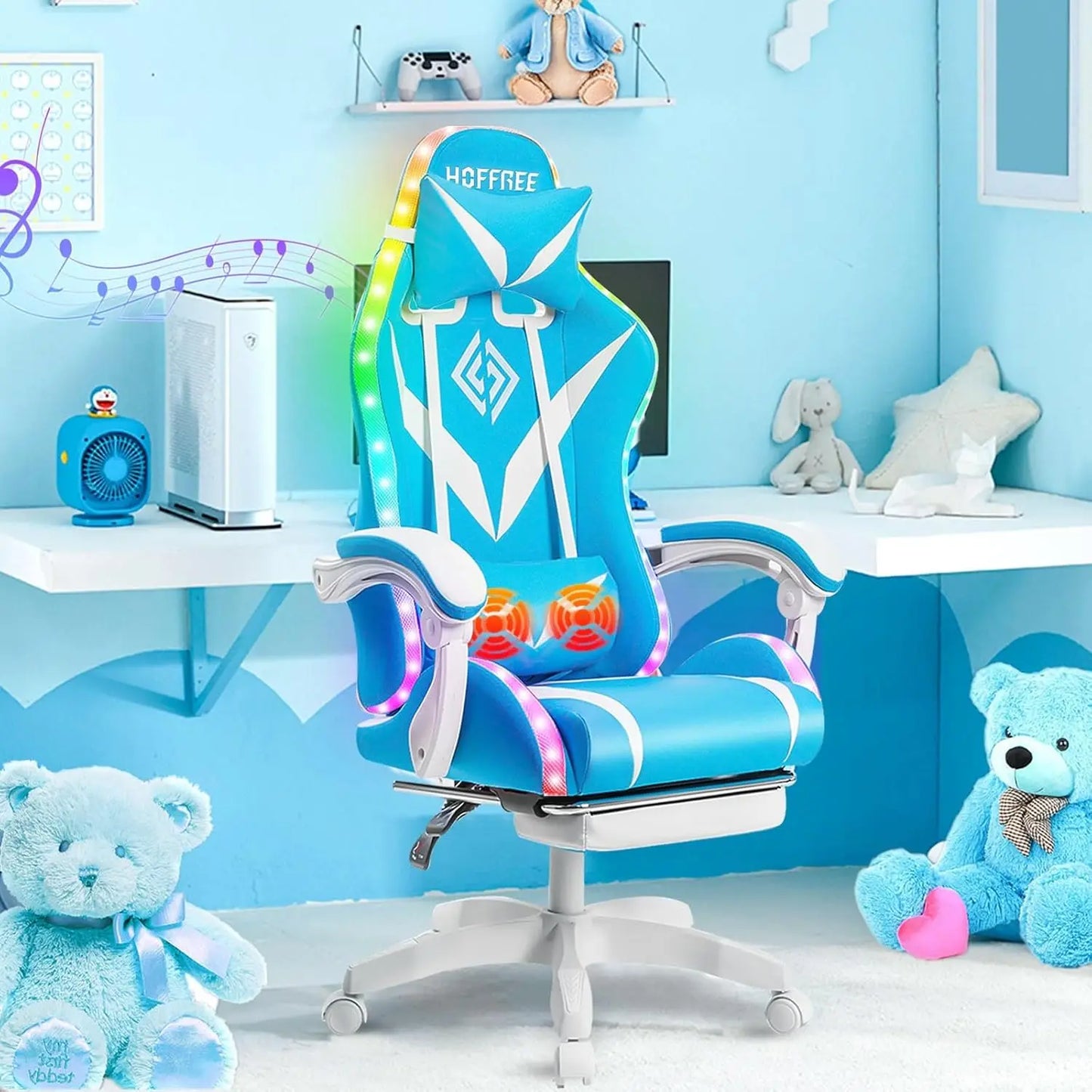 Gaming Chair Massage with Bluetooth Speakers and Led Lights Ergonomic Computer Gaming Chair with Footrest RGB Video Game