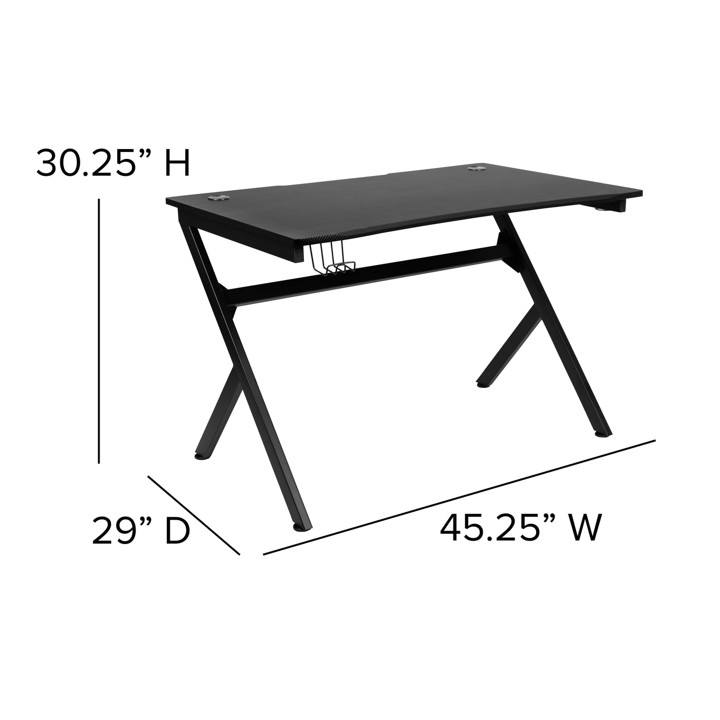 Emma + Oliver Black Computer Table Gaming Desk - Headphone Holder and 2 Cable Management Holes