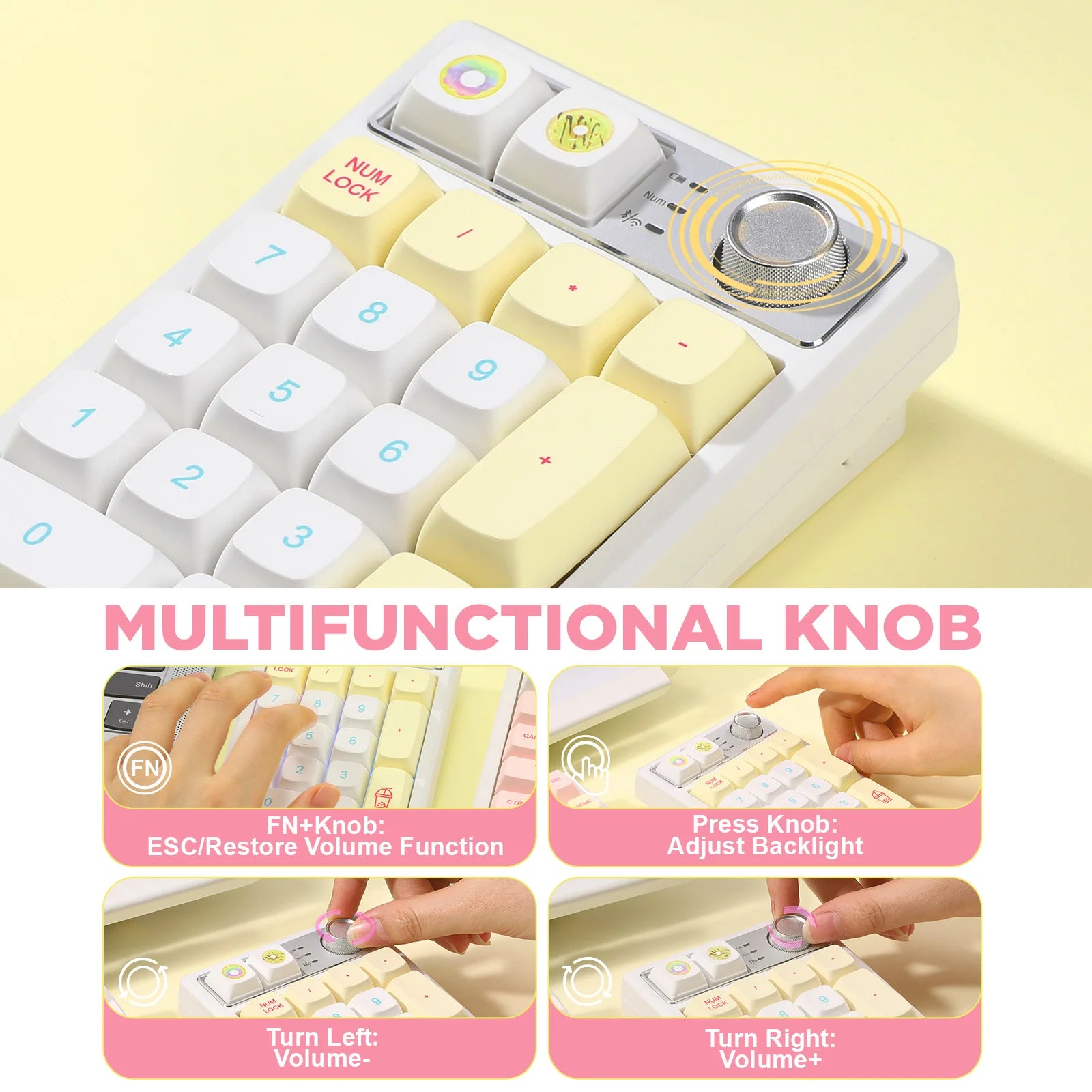 YZ19 Macaron 19 Keys Wireless Custom Knob Mechanical Number Pad, Hot Swappable Gasket RGB Numeric Keypad with PBT Keycaps