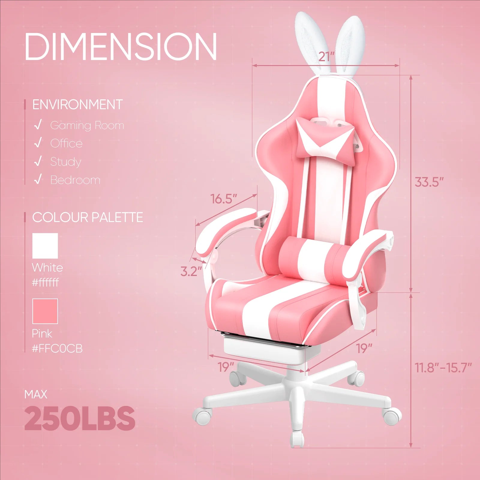 Pink Gaming Chair with Footrest, Girls Ergonomic Game Gamer Chair with Massage Lumbar Pillow & Adjustable Bunny Ear Headrest for Adults S, High Back Office Computer Light Pink