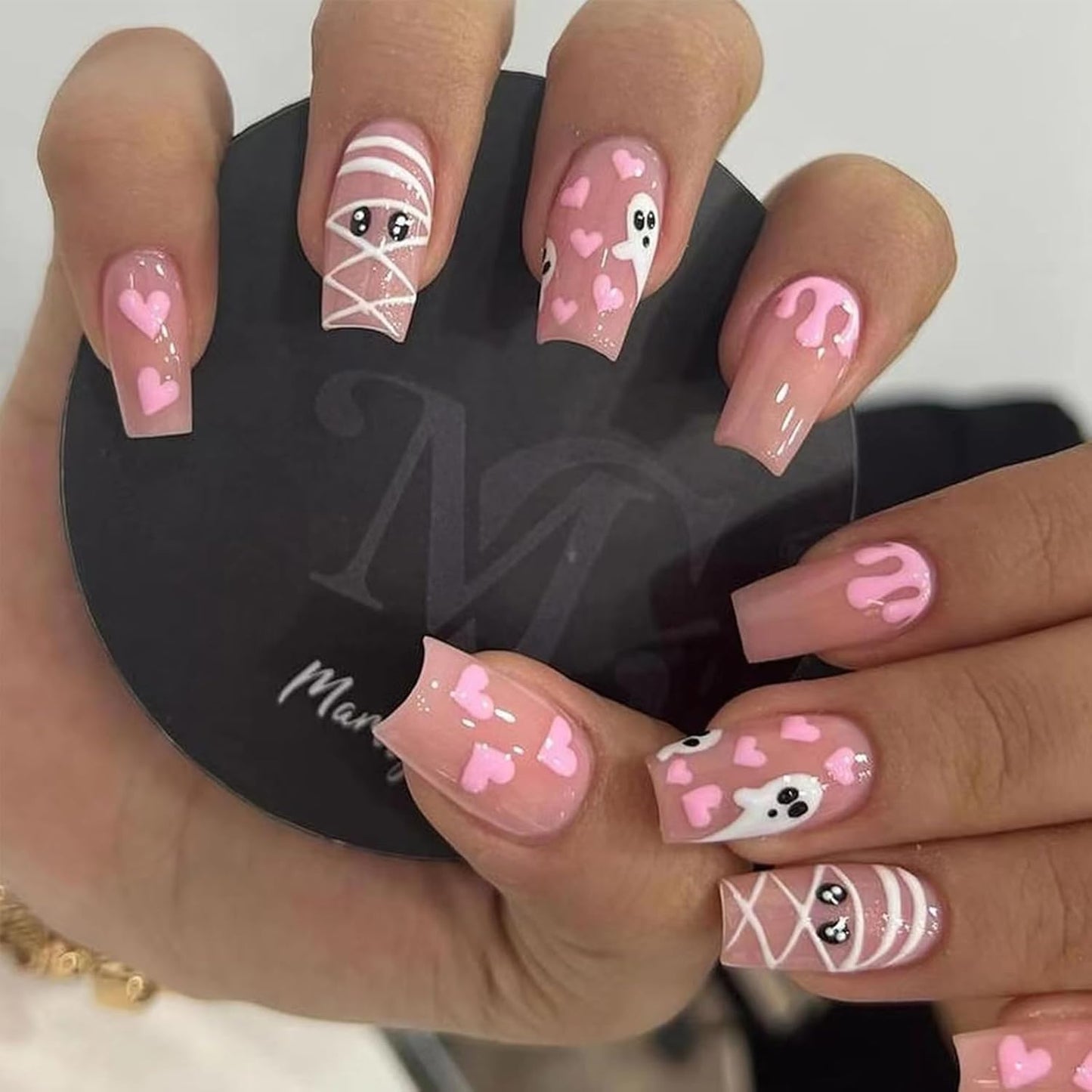 24Pcs Pink Press on Nails Short Square Fake Nails French Tip Press Ons with Flower Bow Charms Design Acrylic False Nails Glitter Rhinestone Glue on Nails Glossy Artificial Stick on Nails Kit for Women